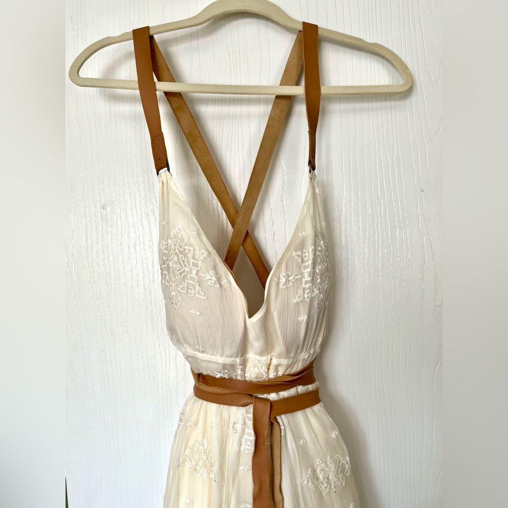 Cynthia Vincent White Silk Dress with Tan Leather Straps